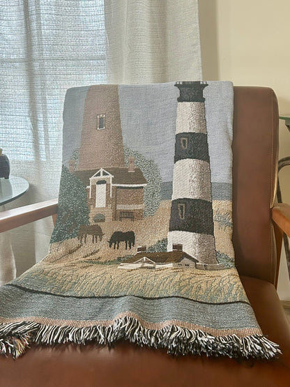 Vintage Lighthouse & Horses Tapestry Blanket