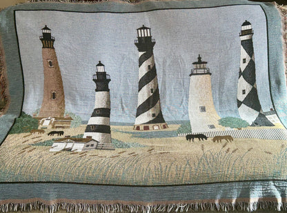 Vintage Lighthouse & Horses Tapestry Blanket