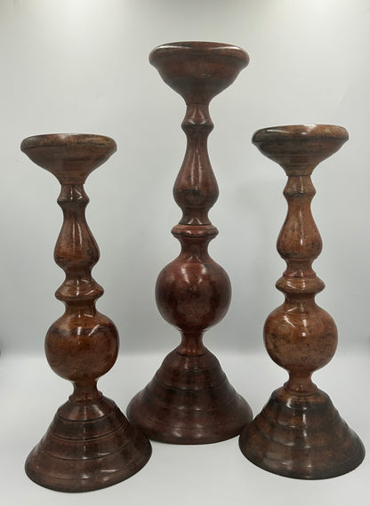 Vintage Handcrafted Wooden and Brass Candle Holders