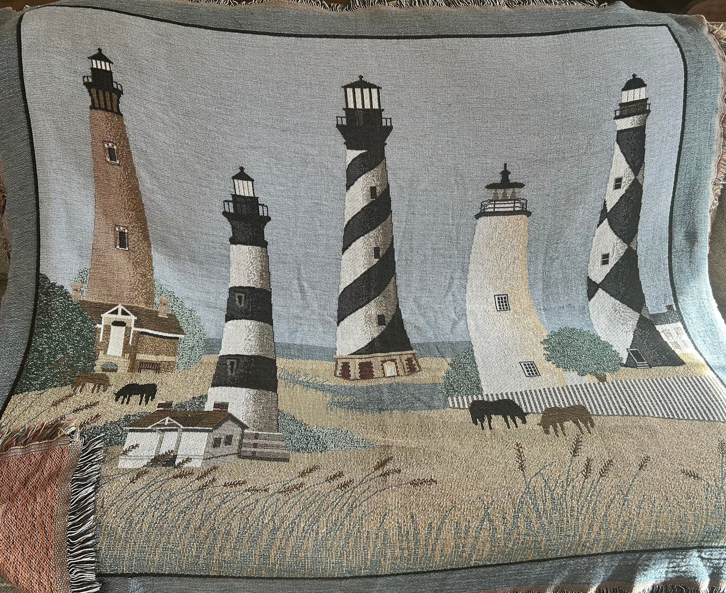 Vintage Lighthouse & Horses Tapestry Blanket