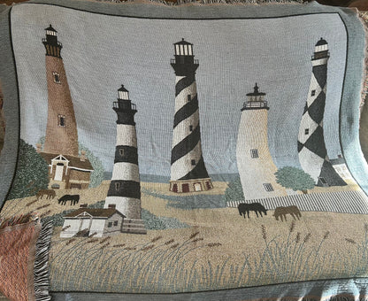 Vintage Lighthouse & Horses Tapestry Blanket